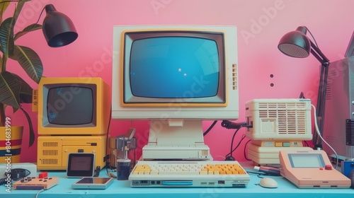 A vintage computer setup on a blue table against a pink background. The setup includes a CRT monitor, a keyboard, a mouse, a joystick, and a game console.