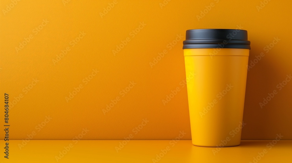 Bright yellow or orange reusable travel mug on a matching yellow or orange background with copy space for text Bright yellow or orange reusable travel mug on a matching yellow or orange background with copy space for text