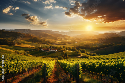 A picturesque vineyard with rolling hills and grapevines bathed in golden sunlight, isolated on solid white background.