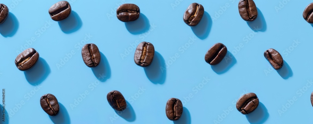 Coffee beans scattered on a blue surface or background. banner Coffee beans scattered on a blue surface or background. banner