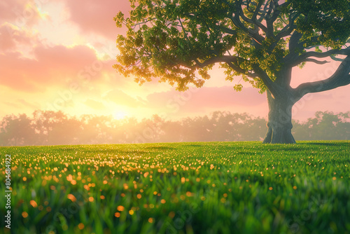Wallpaper Mural A tranquil scene of a fresh green grass field under a soft pink and orange sunrise, with a single oak tree standing prominently, its leaves shimmering in the light. Torontodigital.ca