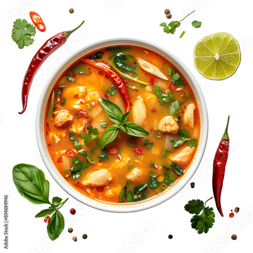 Tom Yum Soup with Chicken and Herbs Top View