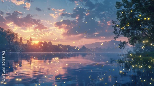 A beautiful lakeside scene with a stunning sunset and fireflies dancing in the foreground