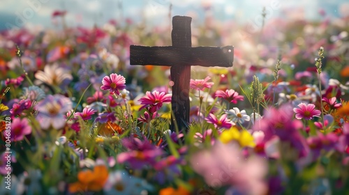 Christian Cross in the middle of flower field. Good Friday Palm Sunday Concept