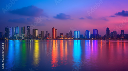 Vibrant Sunset Skyline Reflections on Water in Urban Cityscape © mikhailberkut