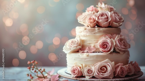 Three Tiered Wedding Cake With Pink and White Flowers