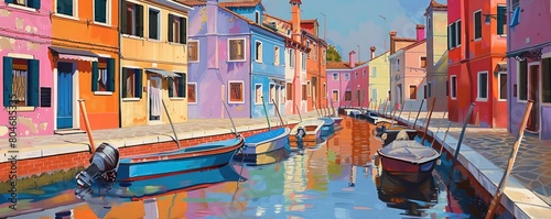 A panoramic view capturing the vividly colored houses lining the tranquil canals. reflecting the Italian island's charm.
