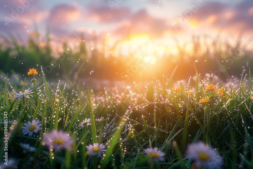 Dew-covered grass sparkling as the first light of dawn breaks over a peaceful landscape  with a scattering of daisies and buttercups.