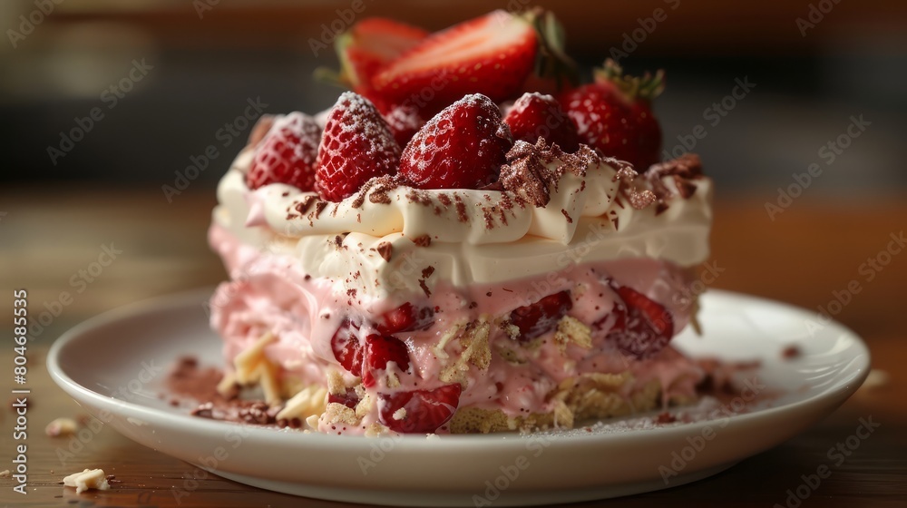 A slice of strawberry cake with whipped cream and strawberries on top. The cake is cut into pieces and is served on a white plate A slice of strawberry cake with whipped cream and strawberries on top. The cake is cut into pieces and is served on a white plate