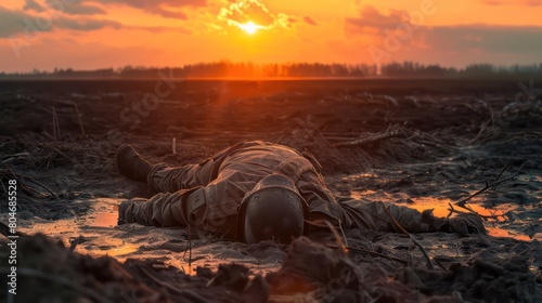Dead soldier laying face down in the mud in front of the sunset, end of the line, fallen hero photo
