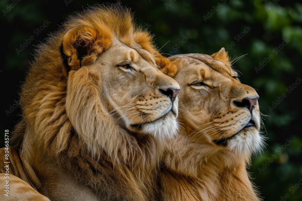 Loyal African lion couple. Pair of wildlife pride predator animals. Generate ai Loyal African lion couple. Pair of wildlife pride predator animals. Generate ai