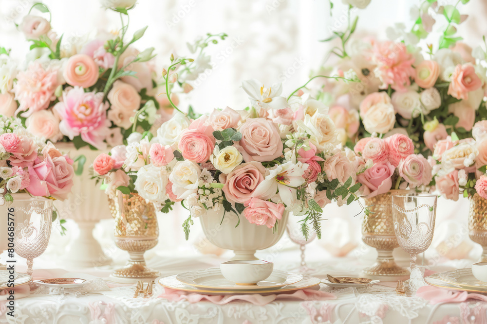Obraz premium Pink and white wedding table setting with gold dishes. Generative AI
