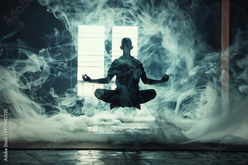 Man meditating while floating in midair. Astral travel, psychokinesis condition. Generative AI