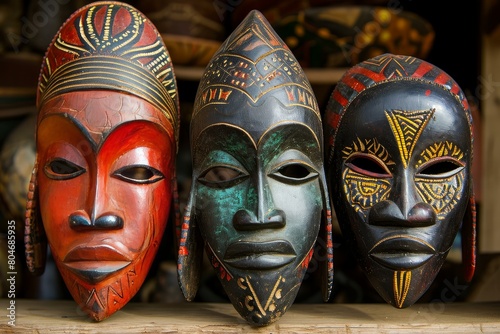 Ancient Tribal African masks. Ethnic antique colorful wooden ritual masks. Generate ai photo