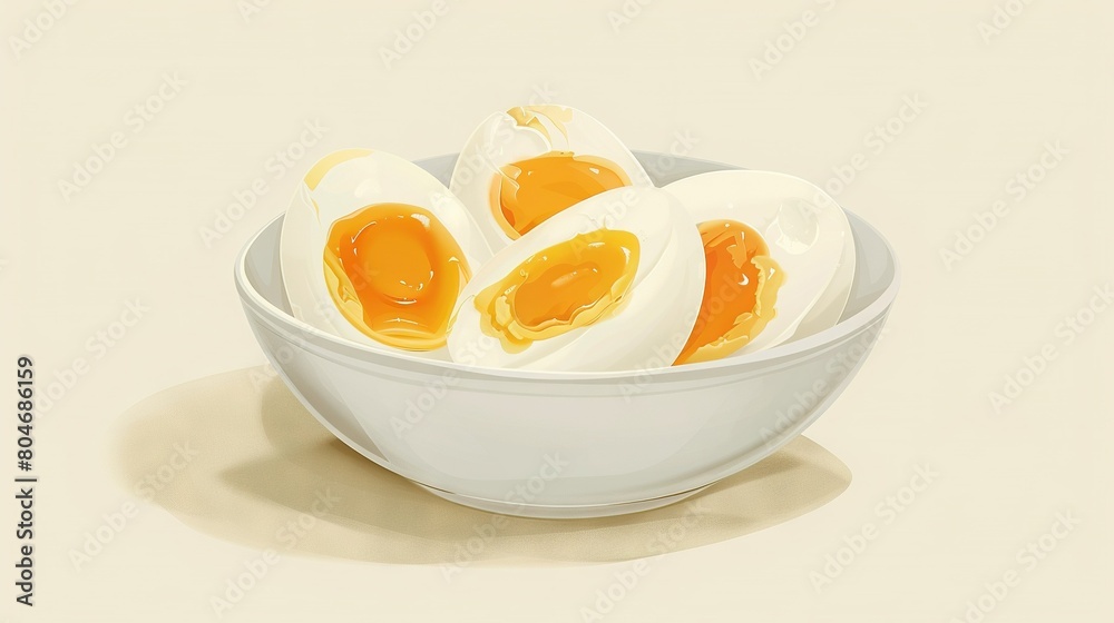 A white table holds a bowl full of hard-boiled eggs, accompanied by a bottle of ketchup A white table holds a bowl full of hard-boiled eggs, accompanied by a bottle of ketchup