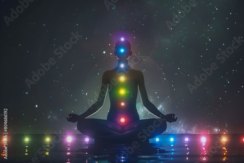 Silhouette of a man in lotus with chakra colors