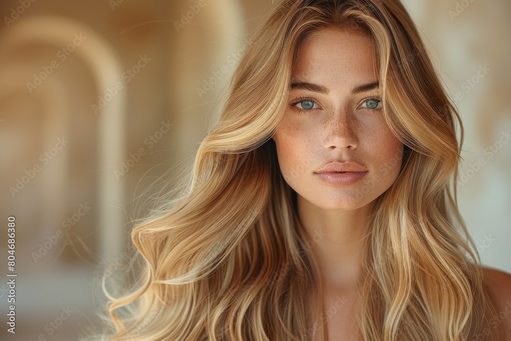 Fototapeta premium Elegance personified, this image showcases a blonde woman with soft wavy hair, combining beauty with a serene poise
