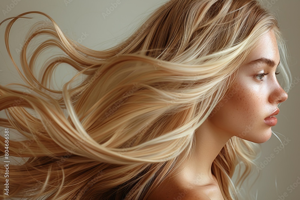 The side view captures the dynamic motion of long, blonde hair creating a lively, swirling effect