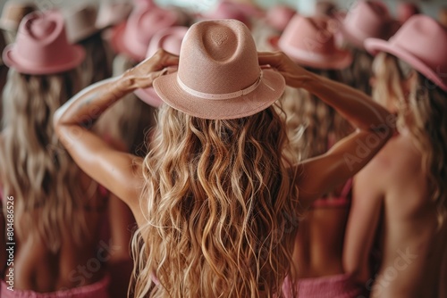 An evocative image of a group of women in synchrony, raising their arms, clad in pink hats and outfits against a neutral background photo