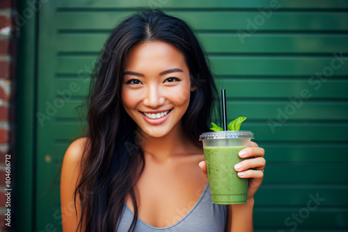BlurredsSmiling young Asian woman holding a green smoothie and looking at camera