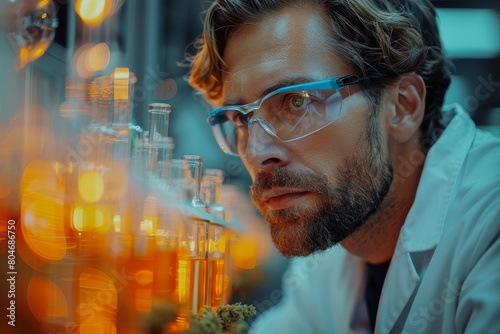A focused scientist inspects test tubes with colored liquids in a research laboratory setting