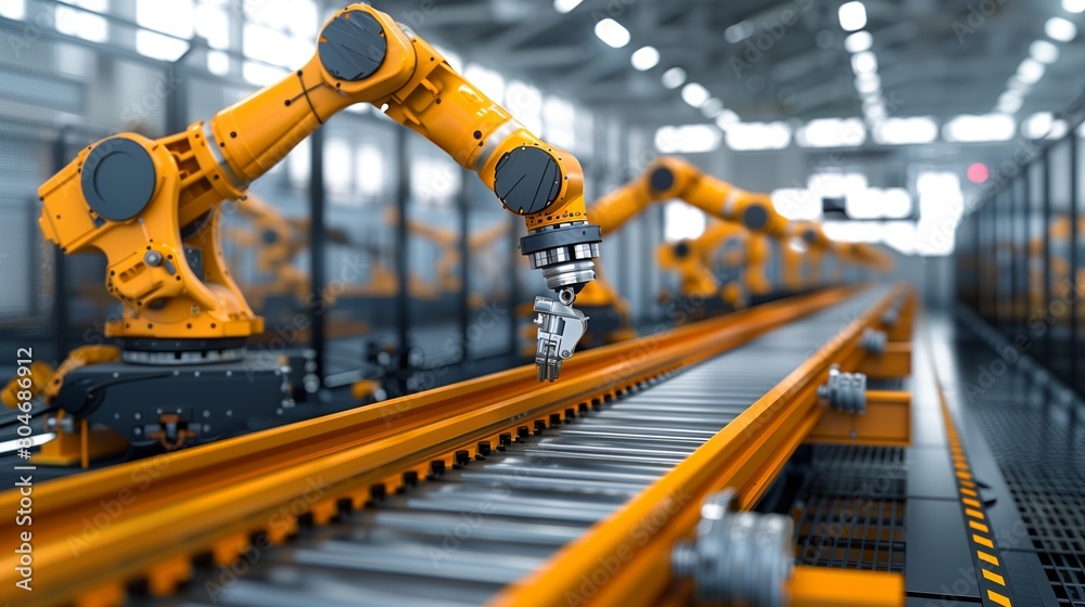 Robotic arms assembling products on an industrial factory line Robotic arms assembling products on an industrial factory line
