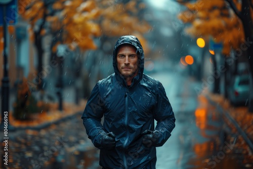 A focused man jogs alone on a rain-soaked street against an autumn backdrop © Larisa AI