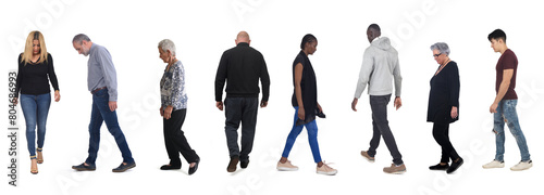 group of people walking and lookin down on white background