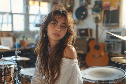 An aspiring young musician poses with drum sets in a warmly lit recording studio