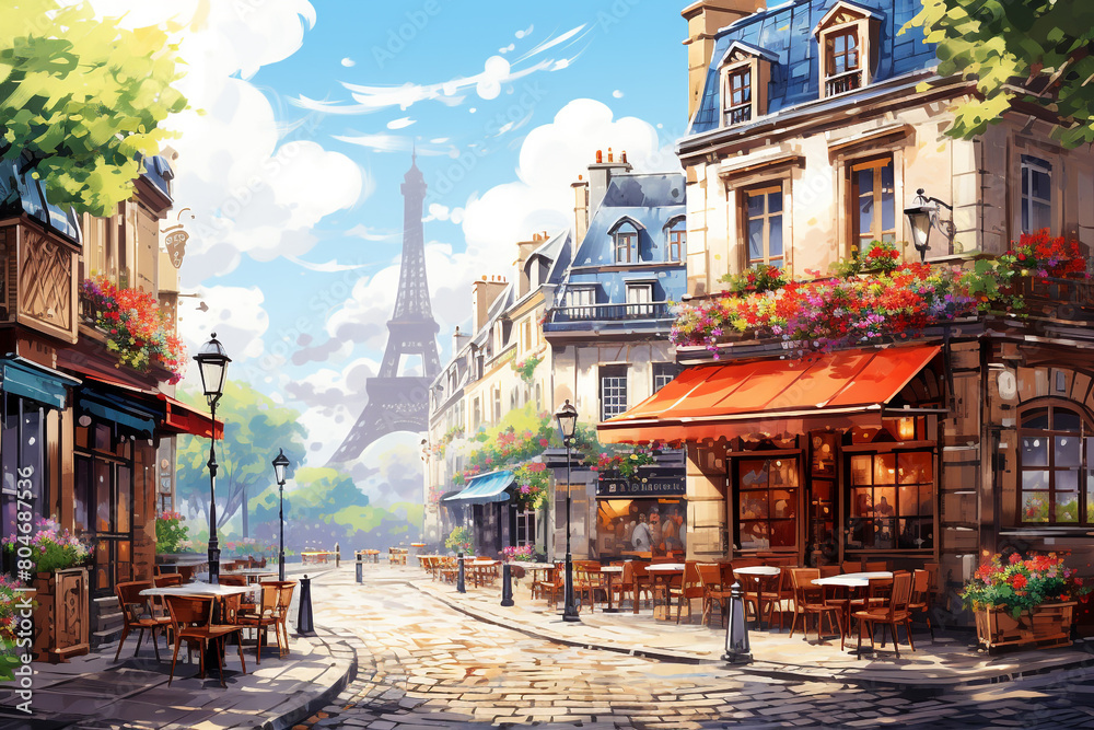 A quaint cobblestone alley lined with charming cafes and colorful buildings in a European city, isolated on solid white background. A quaint cobblestone alley lined with charming cafes and colorful buildings in a European city, isolated on solid white background.