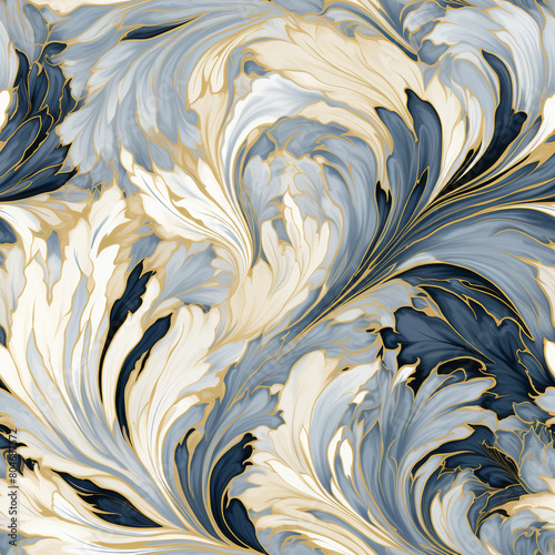 abstract pattern with waves, blue and gold marble texture, fluid art painting, seamless background, textile design, wallpaper