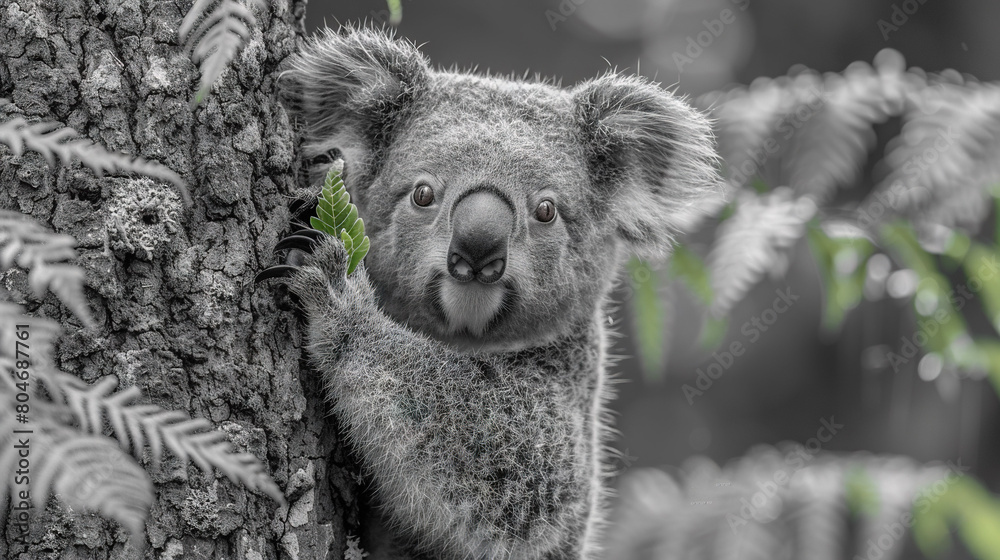 Naklejka premium A black-and-white photograph depicts a koala bear on a tree with a fern in its mouth