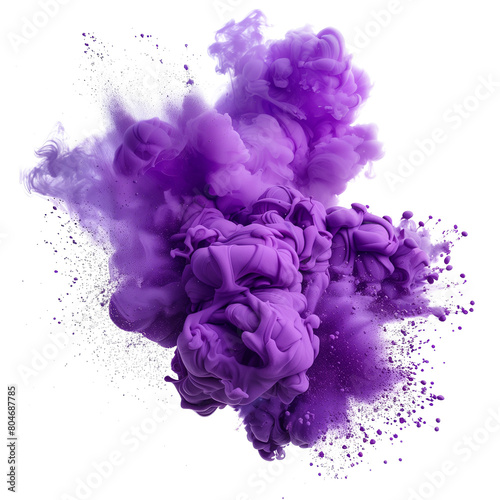 purple color powder exploding on white background.