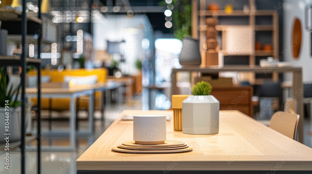 This image features a modern furniture showroom with the focus on a table and decor in the foreground, creating a blurred background This image features a modern furniture showroom with the focus on a table and decor in the foreground, creating a blurred background