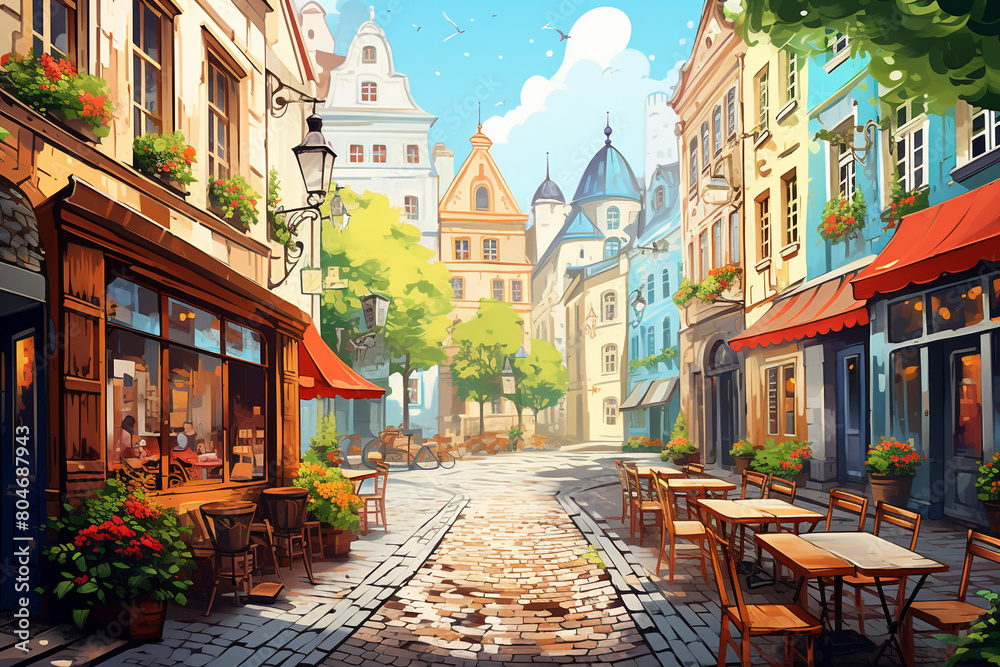 A quaint cobblestone alley lined with charming cafes and colorful buildings in a European city, isolated on solid white background. A quaint cobblestone alley lined with charming cafes and colorful buildings in a European city, isolated on solid white background.