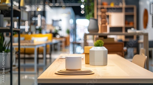 This image features a modern furniture showroom with the focus on a table and decor in the foreground  creating a blurred background
