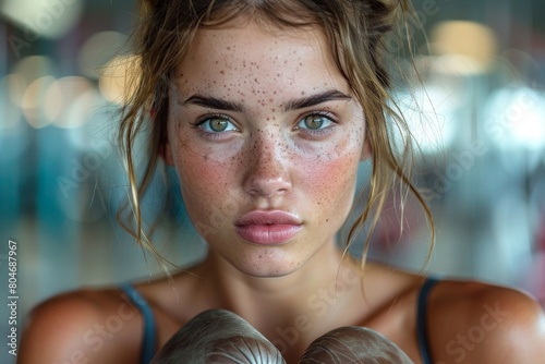 Close-up of a dedicated young female boxer preparing to fight or train