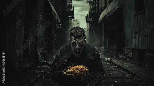 In a dark alley, the vampire hungrily devours their fastfood prey, a scene both terrifying and absurd, high detailed , photo