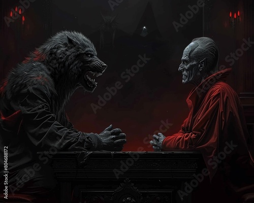 In a mesmerizing composition, werewolf vs vampire art explores the contrasting aesthetics of lycanthropy and vampirism, high resolution DSLR , photo