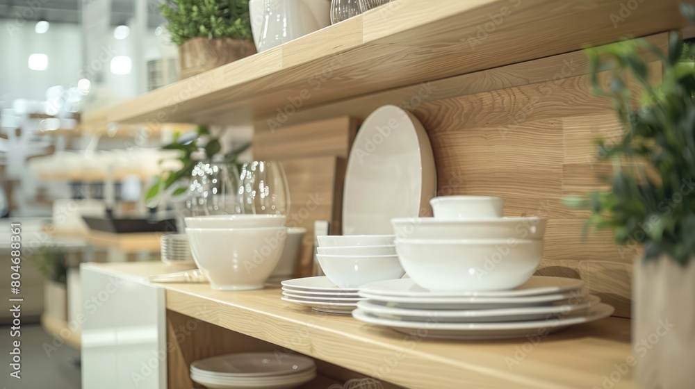 Detail shot of white plates, bowls, and glasses neatly arranged on wooden kitchen shelves Detail shot of white plates, bowls, and glasses neatly arranged on wooden kitchen shelves