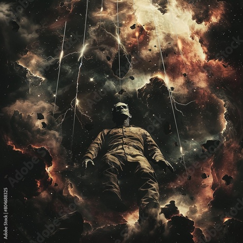 With bolts crackling with electricity, Frankenstein drifts effortlessly through the cosmos, a lone figure in the void, vibrant ,