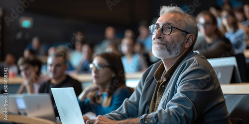 Mature male student in a university lecture hall listening to a professor explaining modern technology trends. Education for elderly people. © MNStudio