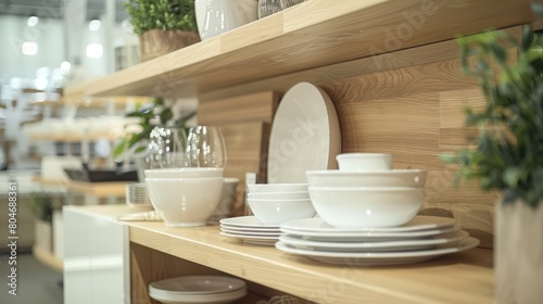 Detail shot of white plates, bowls, and glasses neatly arranged on wooden kitchen shelves