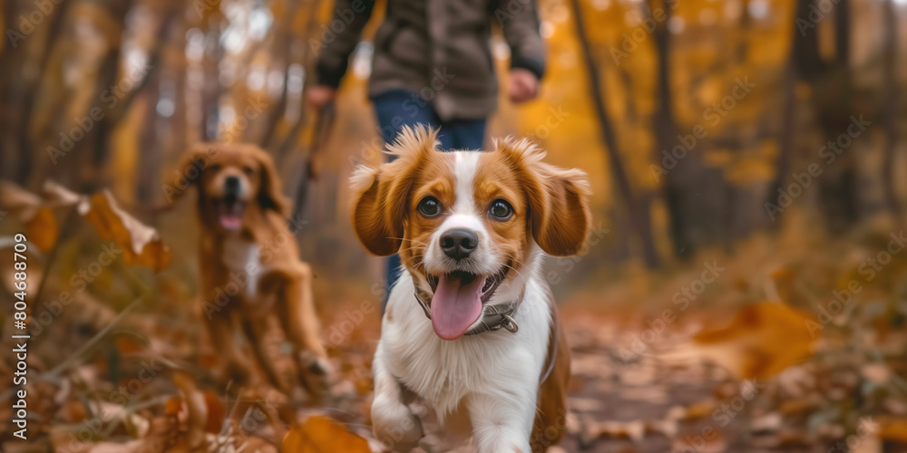 Friendly happy dog running on the grass in autumn park on sunny fall day. Walking a dog outdoors. Friendly happy dog running on the grass in autumn park on sunny fall day. Walking a dog outdoors.