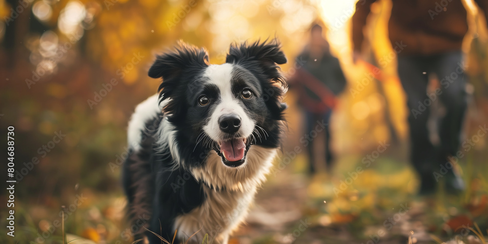 Friendly happy dog running on the grass in autumn park on sunny fall day. Walking a dog outdoors. Friendly happy dog running on the grass in autumn park on sunny fall day. Walking a dog outdoors.