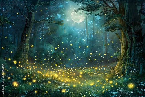 luminous enchantment fireflies dance in a moonlit forest clearing creating a mesmerizing display of natures magic digital painting