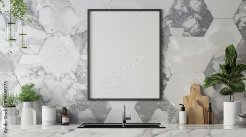 Mock up poster frame in kitchen interior and accessories with hexagon marble wall. © RIZAL