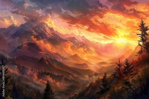 majestic awakening breathtaking sunrise over mountain range digital painting