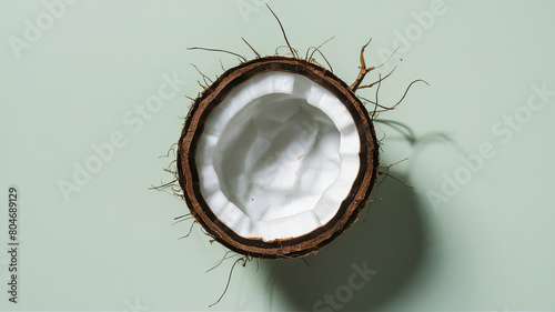 Half of a coconut on a light background, perfect for vegan and healthy recipes, as well as for cosmetics © Mikalai