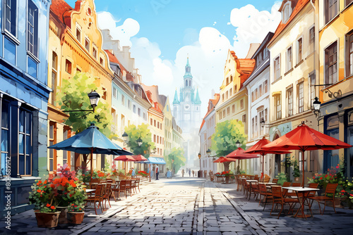 A quaint cobblestone street in an old European town lined with colorful buildings and cafes, isolated on solid white background.